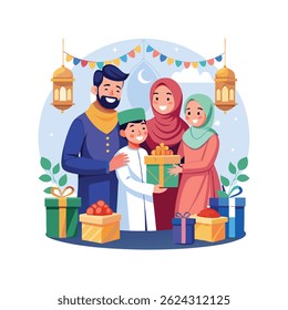 Joyful Muslim Family Celebrating Eid Colorful Vector Illustration of Festive Togetherness