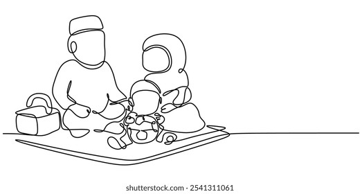 Joyful Muslim Family. Continuous One Line Drawing Depicting Family Happiness in a Minimalist Hand-Drawn Design.