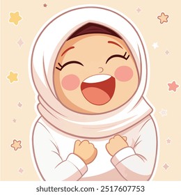 Joyful Muslim Girl: A charming and vibrant illustration of a young Muslim girl bursting with happiness, her bright smile and sparkling eyes radiating positivity. The whimsical background adds to the s