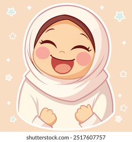 Joyful Muslim Girl: A charming and vibrant illustration of a young Muslim girl bursting with happiness, her bright smile and sparkling eyes radiating positivity. The whimsical background adds to the s