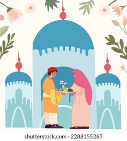 Joyful Muslim men and women celebrating together, exchanging presents, engaging in charitable acts, and extending congratulations to one another, with a mosque silhouette backdrop. Vector