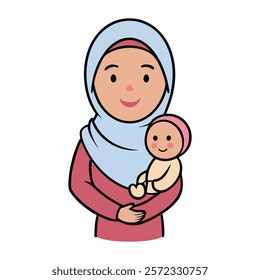 A joyful Muslim mom, glowing with love, cradles her baby in her arms. She wears a hijab, radiating warmth and care, as her baby giggles, creating a heartwarming moment.