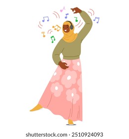 Joyful Muslim Woman Wearing Headphones, Dancing With A Smile On Her Face. Female Character Is Dressed In A Green Top And A Pink Skirt With Floral Patterns, Expressing Happiness And Enjoyment Of Music