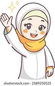 A joyful Muslim woman in a white outfit and yellow hijab waves, symbolizing kindness and hospitality in Ramadan.