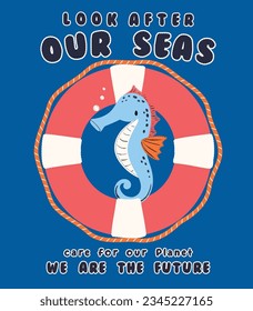 Joyful Nautical baby toddler sea horse marine life ocean animal swim save water slogan ring care placement graphic vector artwork