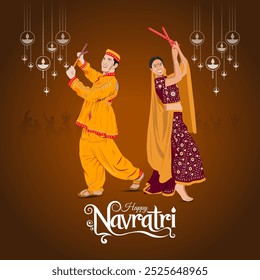 Una alegre celebración de Navratri con una pareja bailando Dandiya Raas con atuendo tradicional de Gujarati Hanging diyas se agrega al ambiente festivo y Happy Navratri se muestra a continuación






