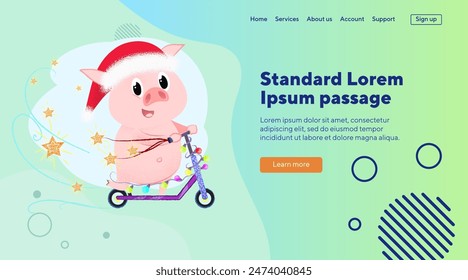 Joyful New Year pig riding scooter decorated with fairy lights. Christmas entertainment concept. Vector illustration can be used for poster, banner or landing page