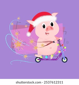 Joyful New Year pig riding scooter decorated with fairy lights. Christmas entertainment concept. Vector illustration can be used for posters, greeting cards, party invitations