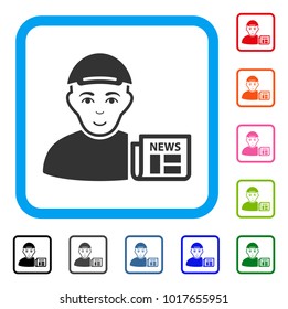 Joyful News Reader vector pictograph. Human face has joyful feeling. Black, grey, green, blue, red, pink color variants of news reader symbol inside a rounded squared frame. A dude dressed with a cap.
