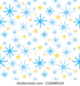 Joyful nice winter christmas seamless pattern with snowflakes  and stars. Vector. Suitable for new year wrapping paper for presents etc