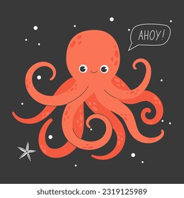 Joyful octopus isolated on dark background. Happy marine animal, funny mollusc with tentacles, seabed dweller, underwater creature. Fauna of tropical sea or ocean. Flat cartoon vector illustration.