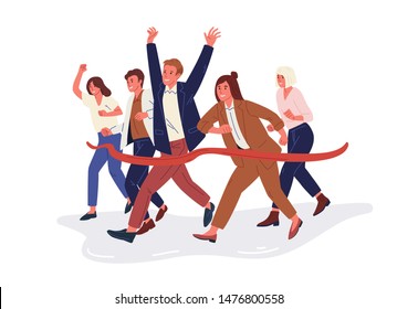 Joyful office workers or clerks crossing finish line and tearing red ribbon. Concept of people taking part in professional competition, rivalry at work. Modern flat cartoon vector illustration.