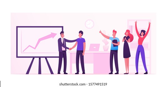 Joyful Office Workers Exulting At Huge Monitor With Growing Graph. Happy Employees In Workplace Celebrating Business Success. Handshake, Corporate Company Culture. Cartoon Flat Vector Illustration