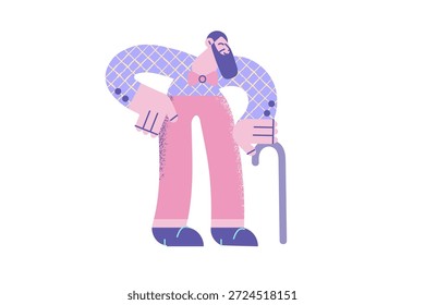 Joyful velho grisalho homem com bengala sentir-se otimista e satisfeito com a vida. Smiling avô sênior segurar o pau têm maturidade feliz saudável. Geriatria, reforma. Ilustração vetorial.