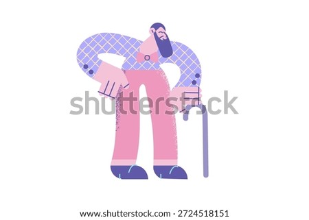 Joyful old grey-haired man with walking cane feel optimistic and satisfied with life. Smiling senior grandfather hold stick have healthy happy maturity. Geriatrics, retirement. Vector illustration.