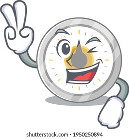 A joyful old kitchen timer cartoon mascot style show two fingers pose. Vector illustration