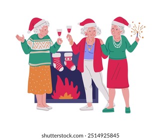 Joyful old ladies near the fireplace with gift socks. Merry Christmas and Happy New Year. Cartoon grandmothers celebrate with glass of champagne and sparklers. Vector flat illustration isolated