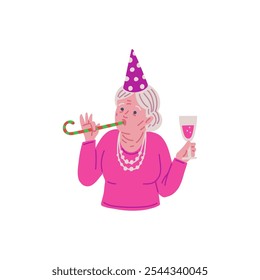 Joyful old lady in cone hat with festive whistle and glass of champagne. Cartoon grandmother celebrate birthday. Elderly woman enjoy holiday. Vector flat character active old age isolated