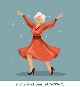 Joyful old lady dancing in a dress. Active aging. Vector flat illustration of happy beautiful senior woman in red dress on blue background with stars.