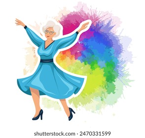 Joyful old lady dancing in a dress on rainbow watercolor splashes. Active aging. Vector flat illustration of happy beautiful senior woman in blue dress on watercolor backgrpund