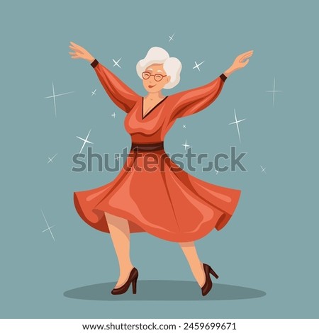 Joyful old lady dancing in a dress. Active aging. Vector flat illustration of happy beautiful senior woman in red dress on blue background with stars.