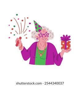 Joyful old lady in festive decorations with firecracker and gift box. Cartoon grandmother celebrate birthday. Elderly woman with surprise present enjoy anniversary. Vector flat illustration isolated