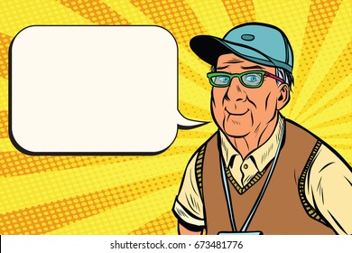 Joyful Old Man In A Baseball Cap. A Kind Grandfather. Pop Art Retro Vector Illustration