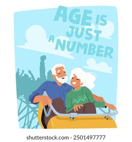 Joyful Older Couple Riding A Roller Coaster, Embodying Concept That Age Is Just A Number. Image Showcases Excitement, Happiness, And A Carefree Spirit Of Characters. Cartoon People Vector Illustration