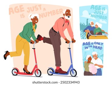 Joyful Older Couple Riding Scooter, Rollercoaster And Eating Cotton Candy Symbolizing Concept That Age Is Just A Number. Playful, Adventurous Vector Scenes Of Elderly People Staying Active And Happy