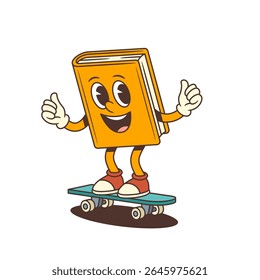 Joyful orange book mascot rides skateboard with happy expression and raised thumb, representing energy, fun, motivation, learning and creativity in education concept. Colorful vector illustration