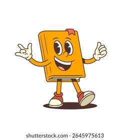 Joyful orange cartoon book mascot smiling brightly while showing ILY and thumbs up hand gestures. Cheerful educational character with emotional expression. Colorful and playful vector illustration