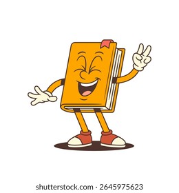 Joyful laranja charme livro mascote personagem rindo com olhos fechados e fazendo um gesto de vitória com a mão. Expressão alegre em um tema educacional divertido. Ilustração vetorial