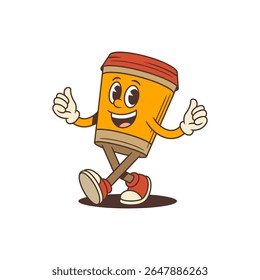 Joyful mascote da xícara de café laranja andando confiantemente com um gesto de polegares para cima. Ideal para cafés, cafés e marcas de bebidas. Perfeito para logotipos e materiais de marketing. Ilustração vetorial