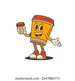 Mascote alegre da xícara de café laranja em tênis e luvas vermelhos segurando uma xícara de café menor com admiração, sorrindo amplamente em fundo branco, ilustração vetorial