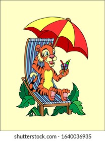 A joyful orange tiger lies on a deck chair under a yellow-red umbrella with a cocktail in hand. Tropics with green leaves. Illustration for the children's book. Children's drawing. Vector.