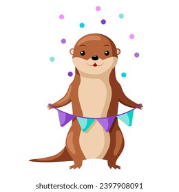 Joyful otter with colorful confetti banner, creating a playful and festive illustration on a white background.