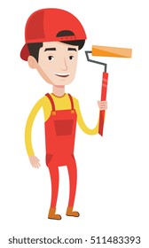 Joyful painter in uniform holding a paint roller in hands. Young cheerful painter at work. Smiling painter standing with paint roller. Vector flat design illustration isolated on white background.
