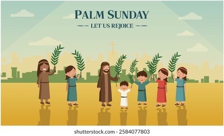 A joyful Palm Sunday celebration, featuring people holding palm branches and celebrating the arrival of Christ. The image captures the spirit of faith, community, and rejoicing on this significant day