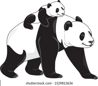 Joyful panda mom and her baby. Vector