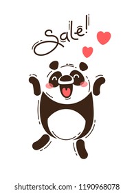 A joyful panda reports a sale. Vector illustration in cartoon style.
