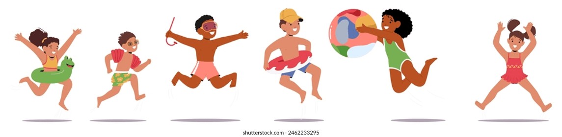 Joyful Parade Of Kids Leap And Bound With Beach Essentials, like Goggles, Snorkels, And A Colorful Ball, Exuding The Infectious Spirit Of Summer Fun, Freedom, And Playfulness By The Seaside, Vector