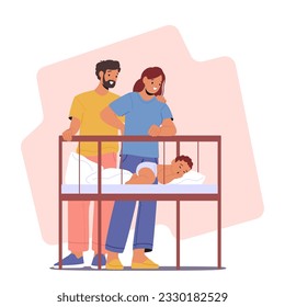 Joyful Parents Mother and Father Character Observing Their Peacefully Sleeping Baby In The Cot, Cherishing The Serene Moments Of Rest And Contentment. Cartoon People Vector Illustration