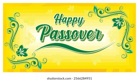 Joyful Passover greeting card featuring vibrant yellow background, decorative green floral elements, and bold lettering. Perfect for festive messages, holiday celebrations. 