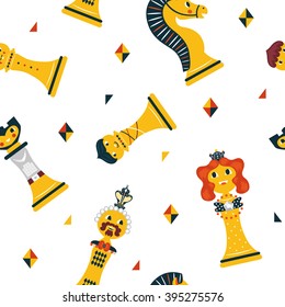 Joyful pattern with cute chess figures. Bright chess pieces in a seamless vector pattern. Play around with them at your leisure