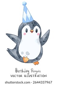 Joyful penguin with blue birthday hat on the head. Watercolor vector perfect for birthday project and greeting cards design