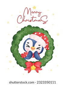 Joyful Penguin Celebrating Christmas in a Festive Wreath, Merry Christmas Watercolor Cartoon. Exciting Smiles and Cheerful Holiday Vibes. Perfect for Cards, Invitations, and Decorations.
