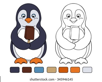 Joyful penguin holds chocolate ice cream in his wings. Coloring book