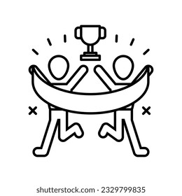 Joyful people bring banner and celebrate competition winning with flying trophy cup line icon vector. Youth and sport day vector illustration for game interface, web, graphic design, UI, and app.