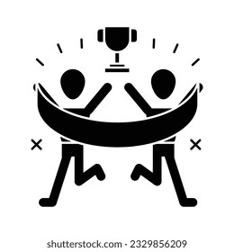 Joyful people bring banner and celebrate competition winning with flying trophy cup glyph icon vector. Youth and sport day vector illustration for game interface, web, graphic design, UI, and app.