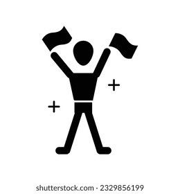 Joyful people bring flag sign glyph icon vector. Youth and sport day vector illustration for game interface, web, graphic design, UI, and app.
